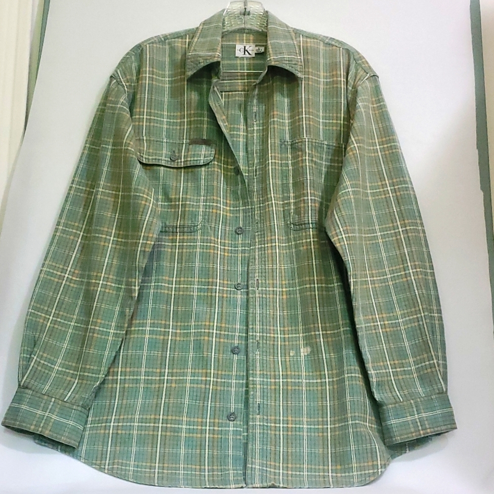Calvin Klein Plaid Long Sleeve Casual Green Shirt/ Size: S